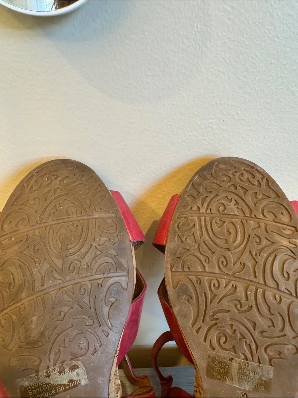Clarks Womens Ankle Strap Sandals Red Beige Leather Cork High Heel Buckle 12M